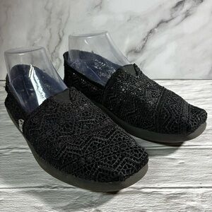 Skechers Bobs Black Women Lace Crochet Slip On Flats Shoes Size 8.5